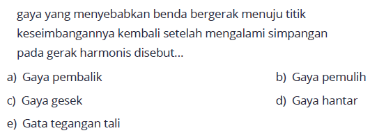 gaya yang menyebabkan benda bergerak menuju titik keseimbangannya kembali setelah mengalami simpangan pada gerak harmonis disebut...a) Gaya pembalikb) Gaya pemulihc) Gaya gesekd) Gaya hantare) Gata tegangan tali