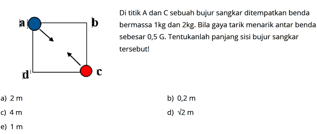 Di titik  A  dan  C  sebuah bujur sangkar ditempatkan benda bermassa  1 kg  dan  2 kg . Bila gaya tarik menarik antar benda sebesar 0,5 G.  Tentukanlah panjang sisi bujur sangkar tersebut! a b d c a)  2 m b)  0,2 m c)  4 m d)  akar(2) m e)  1 m 