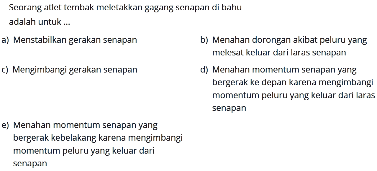 Seorang atlet tembak meletakkan gagang senapan di bahu adalah untuk ...
