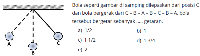 Bola seperti gambar di samping dilepaskan dari posisi C dan bola bergerak dari C - B - A - B - C - B - A, bola tersebut bergetar sebanyak.... getaran.A B C