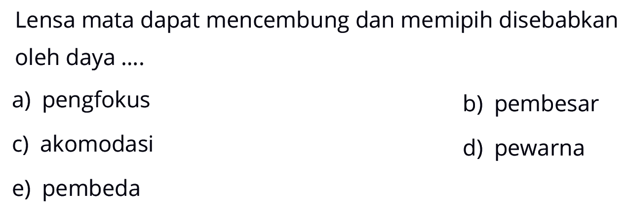 Lensa mata dapat mencembung dan memipih disebabkan oleh daya ....
