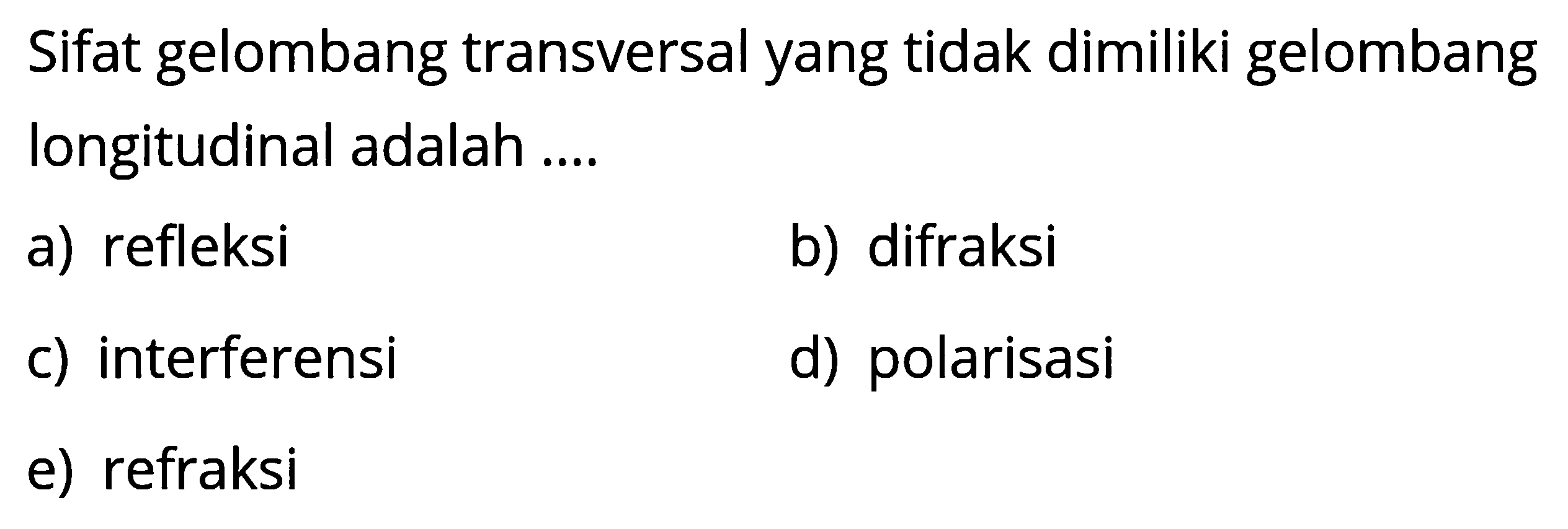 Sifat gelombang transversal yang tidak dimiliki gelombang Iongitudinal adalah ....a) refleksib) difraksic) interferensid) polarisasie) refraksi