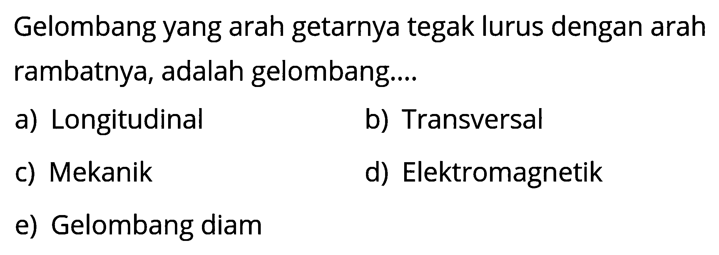 Gelombang yang arah getarnya tegak lurus dengan arah rambatnya, adalah gelombang....