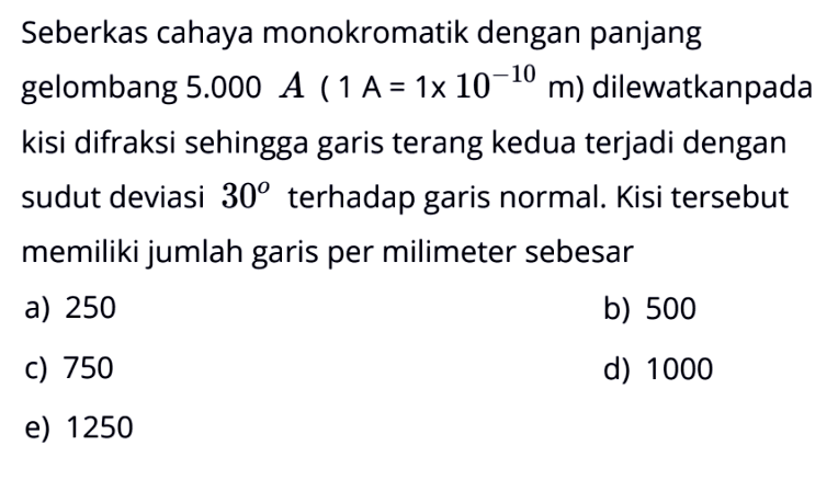 Seberkas cahaya monokromatik dengan panjang gelombang 5.000 A (1A=1x10^-(10) m) dilewatkanpada kisi difraksi sehingga garis terang kedua terjadi dengan sudut deviasi 30 terhadap garis normal. Kisi tersebut memiliki jumlah garis per milimeter sebesar