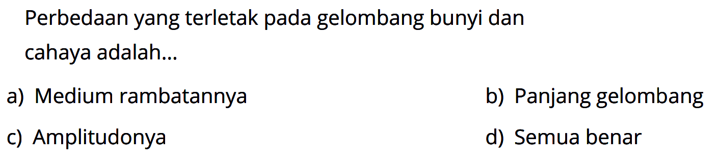 Perbedaan yang terletak pada gelombang bunyi dan cahaya adalah...