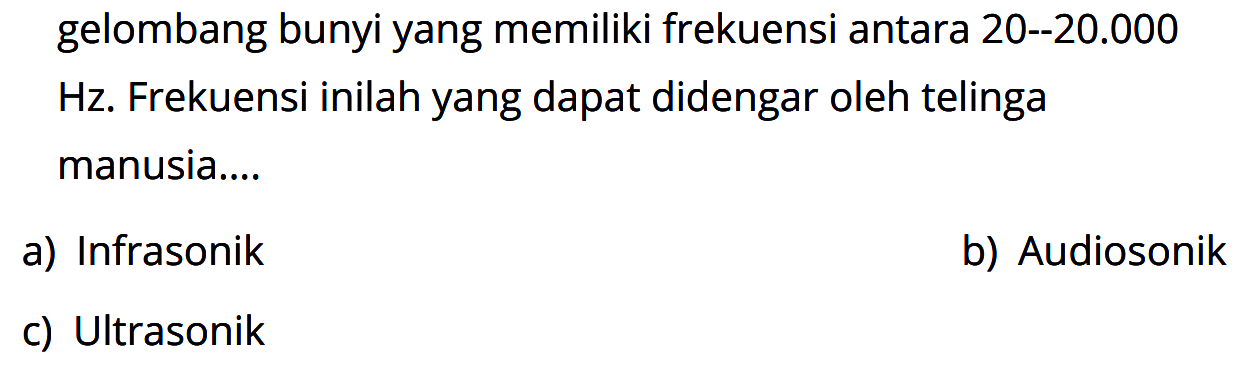 gelombang bunyi yang memiliki frekuensi antara 20--20.000 Hz. Frekuensi inilah yang dapat didengar oleh telinga manusia.... 