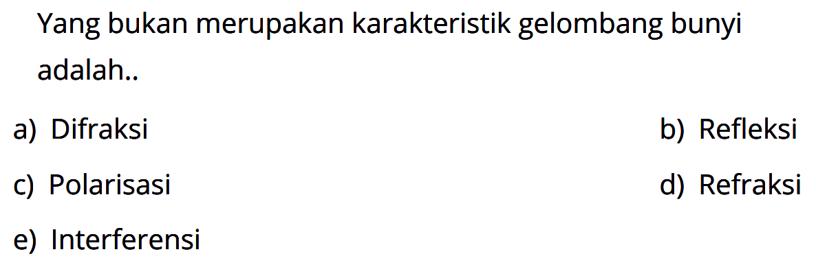 Yang bukan merupakan karakteristik gelombang bunyi adalah..a) Difraksib) Refleksic) Polarisasid) Refraksie) Interferensi 