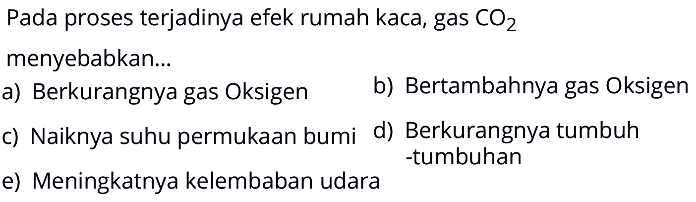 Pada proses terjadinya efek rumah kaca, gas  CO2 
menyebabkan...
a) Berkurangnya gas Oksigen
b) Bertambahnya gas Oksigen
c) Naiknya suhu permukaan bumi
d) Berkurangnya tumbuh tumbuhan
e) Meningkatnya kelembaban udara