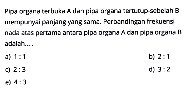 Pipa organa terbuka A dan pipa organa tertutup-sebelah B mempunyai panjang yang sama. Perbandingan frekuensi nada atas pertama antara pipa organa A dan pipa organa B adalah....