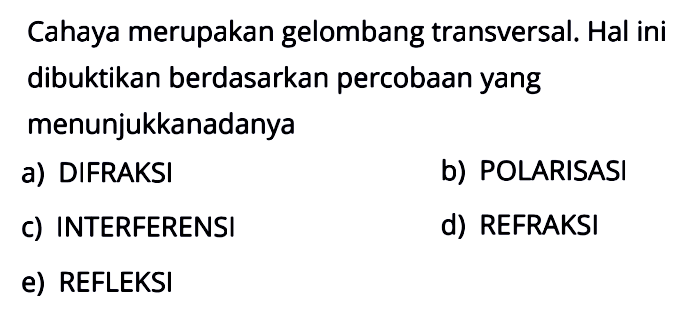 Cahaya merupakan gelombang transversal. Hal ini dibuktikan berdasarkan percobaan yang menunjukkanadanya
