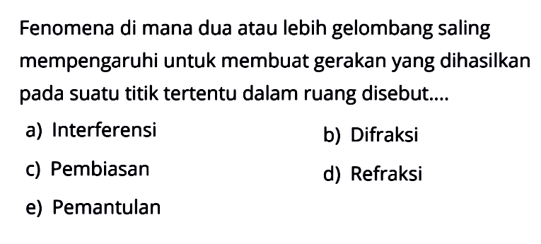 Fenomena di mana dua atau lebih gelombang saling mempengaruhi untuk membuat gerakan yang dihasilkan pada suatu titik tertentu dalam ruang disebut.... a) Interferensi b) Difraksi c) Pembiasan d) Refraksi e) Pemantulan 