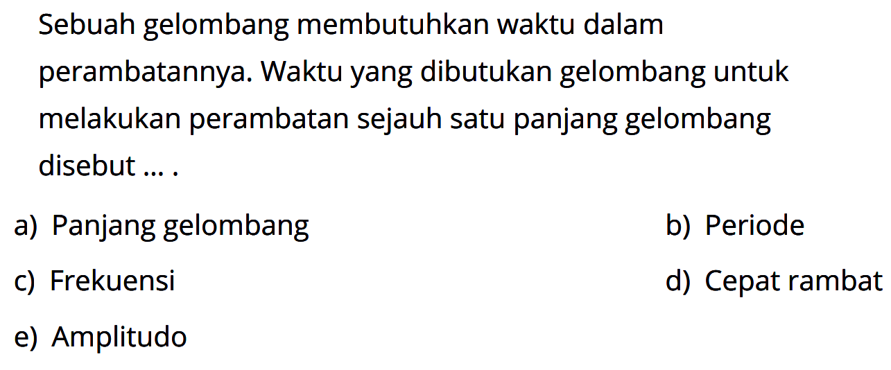 Sebuah gelombang membutuhkan waktu dalam perambatannya. Waktu yang dibutukan gelombang untuk melakukan perambatan sejauh satu panjang gelombang disebut ....