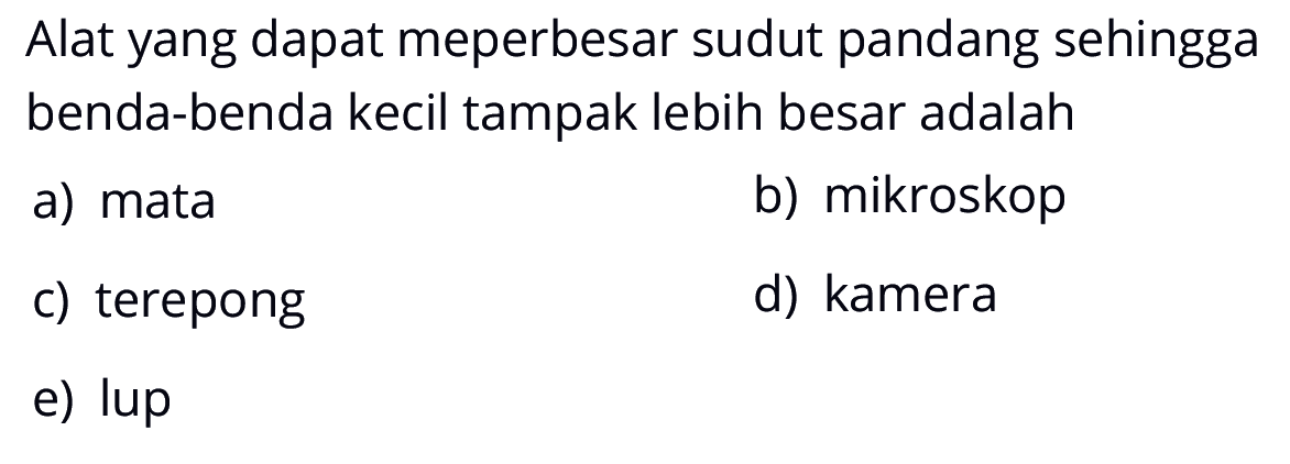 Alat yang dapat meperbesar sudut pandang sehingga benda-benda kecil tampak lebih besar adalah
