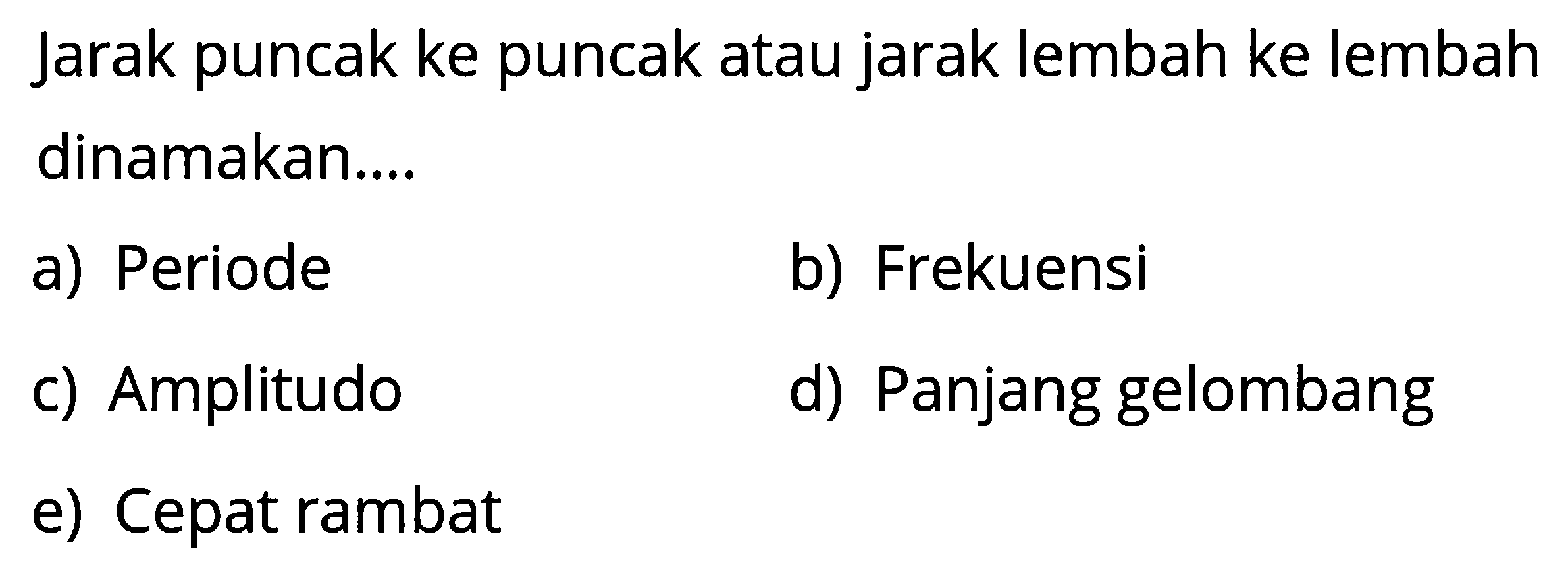 Jarak puncak ke puncak atau jarak lembah ke lembah dinamakan....a) Periodeb) Frekuensic) Amplitudod) Panjang gelombange) Cepat rambat