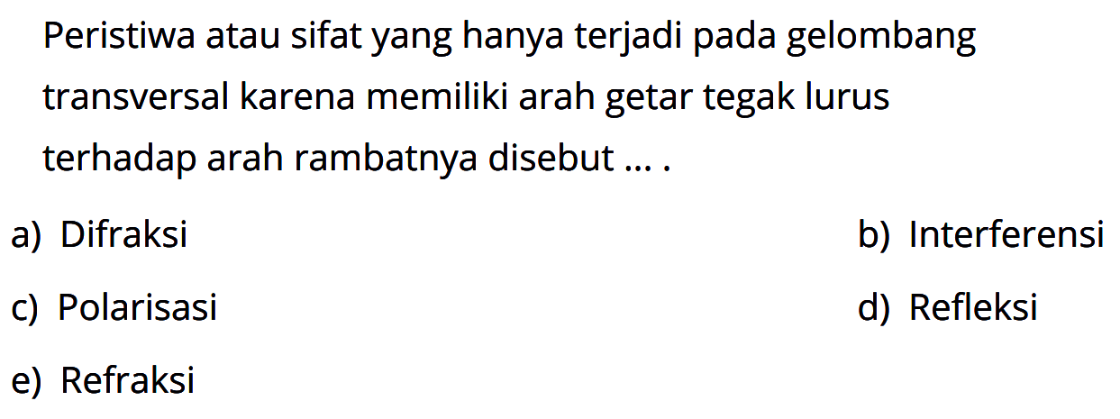 Peristiwa atau sifat yang hanya terjadi pada gelombang transversal karena memiliki arah getar tegak lurus terhadap arah rambatnya disebut ....