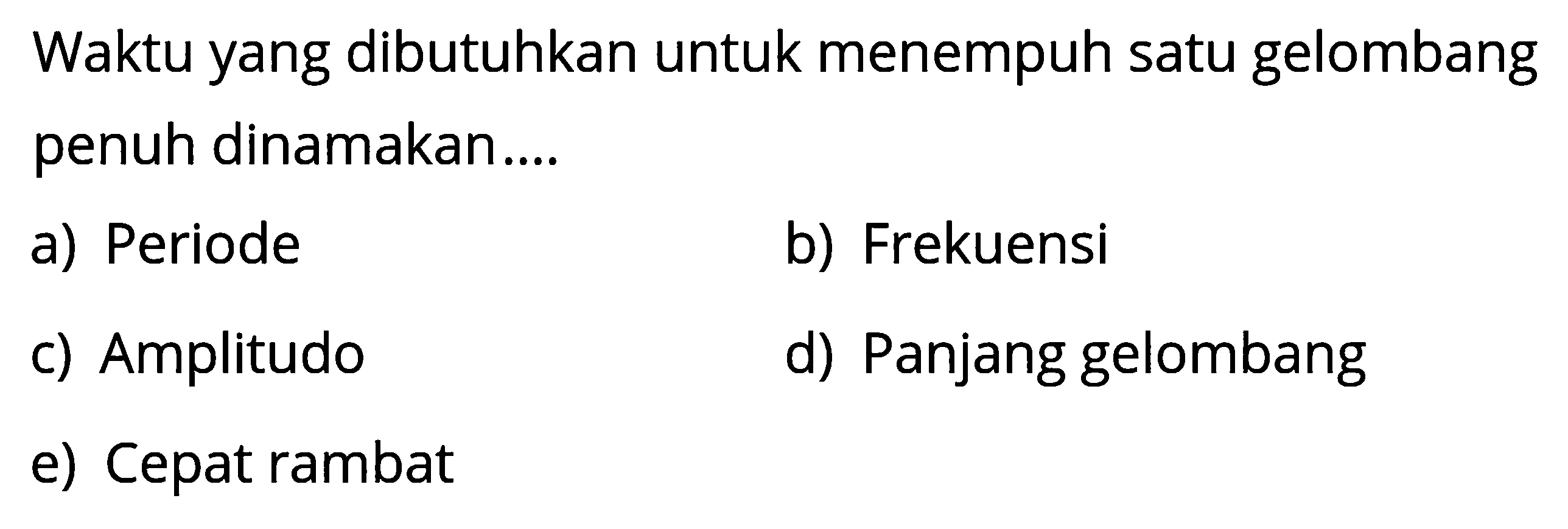 Waktu yang dibutuhkan untuk menempuh satu gelombang penuh dinamakan.... 
