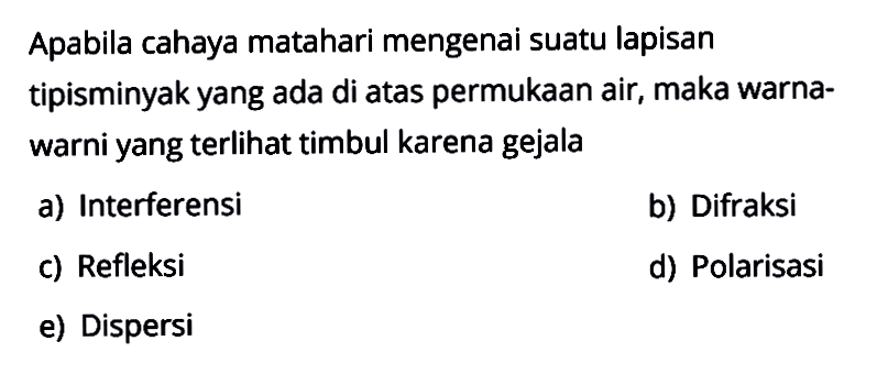 Apabila cahaya matahari mengenai suatu lapisan tipis minyak yang ada di atas permukaan air, maka warna-warni yang terlihat timbul karena gejala