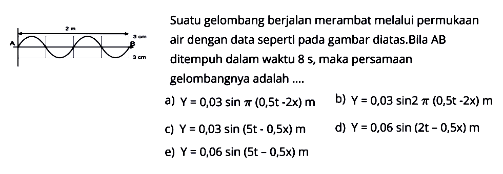 Suatu gelombang berjalan merambat melalui permukaan air dengan data seperti pada gambar diatas. Bila AB ditempuh dalam waktu 8 s, maka persamaan gelombangnya adalah ....