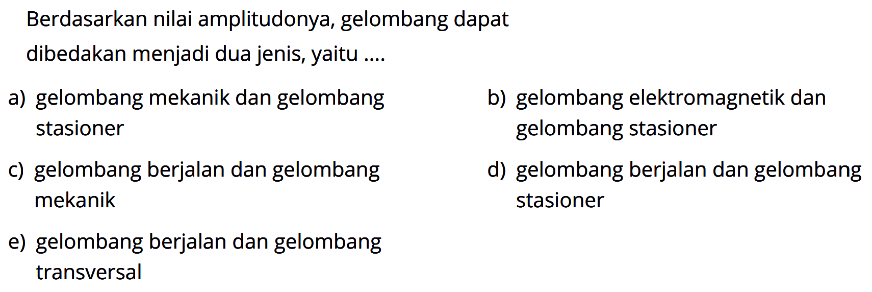 Berdasarkan nilai amplitudonya, gelombang dapat dibedakan menjadi dua jenis, yaitu ....
