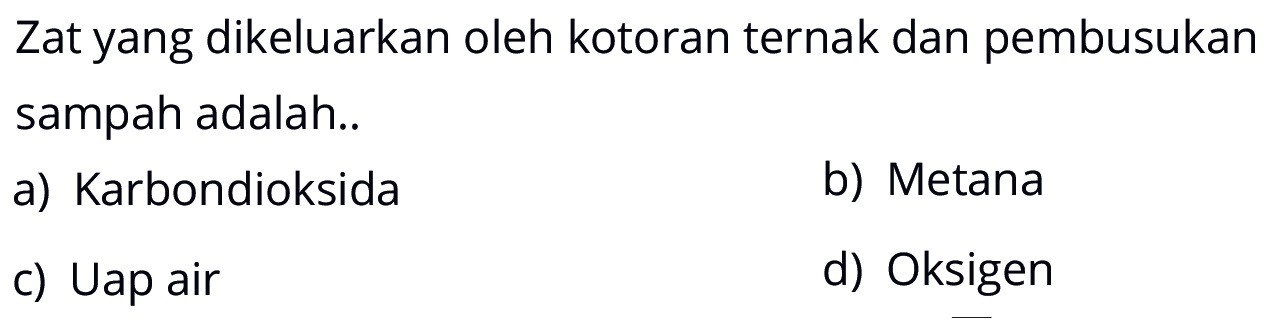 Zat yang dikeluarkan oleh kotoran ternak dan pembusukan sampah adalah..a) Karbondioksidab) Metanac) Uap aird) Oksigen