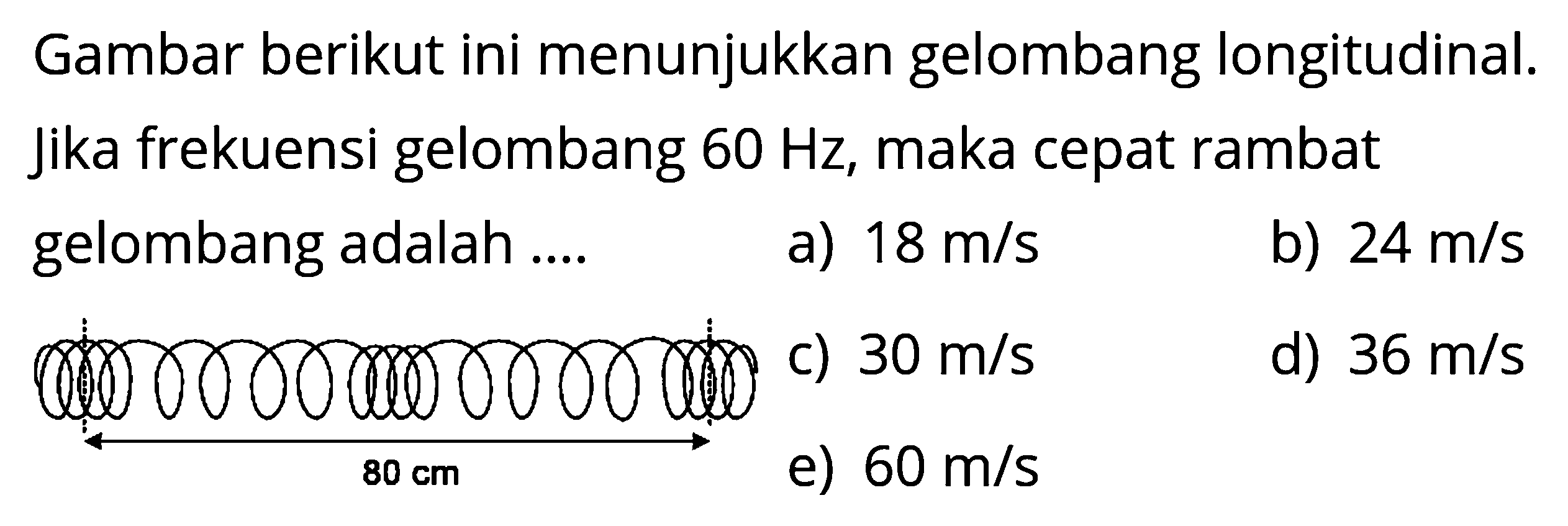 Gambar berikut ini menunjukkan gelombang longitudinal. Jika frekuensi gelombang 60 Hz, maka cepat rambat gelombang adalah ....80 cm