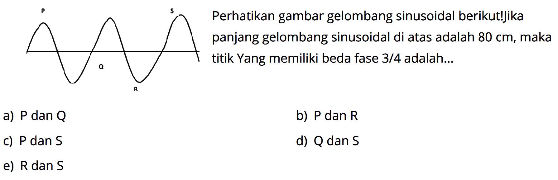 P Q R S Perhatikan gambar gelombang sinusoidal berikut! jika panjang gelombang sinusoidal di atas adalah 80 cm, maka titik Yang memiliki beda fase 3/4 adalah... a) P dan Q b) P dan R c) P dan S d) Q dan S e) R dan S 