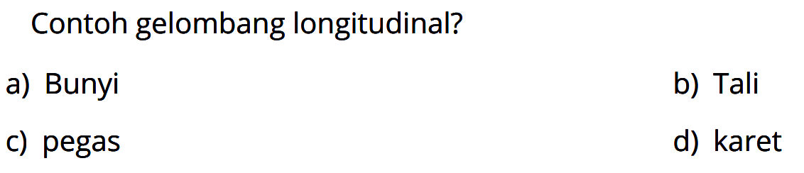 Contoh gelombang longitudinal?
a) Bunyi
b) Tali
c) pegas
d) karet