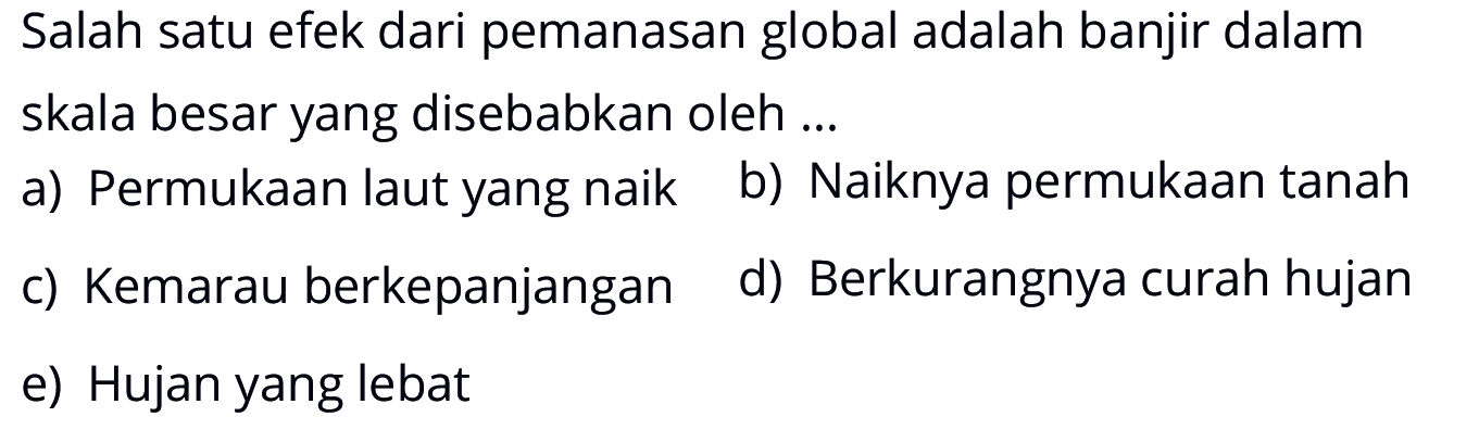 Salah satu efek dari pemanasan global adalah banjir dalam skala besar yang disebabkan oleh ...
