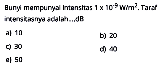 Bunyi mempunyai intensitas  1x10^-9 W/m^2. Taraf intensitasnya adalah....dB