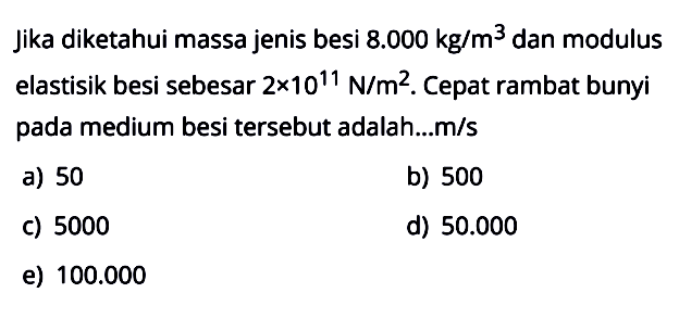 Jika diketahui massa jenis besi 8.000 kg/m^3 dan modulus elastisik besi sebesar 2x10^11 N/m^2. Cepat rambat bunyi pada medium besi tersebut adalah...m/s