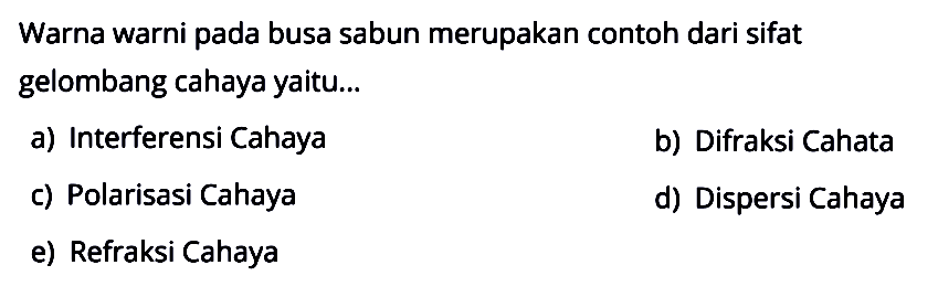 Warna warni pada busa sabun merupakan contoh dari sifat gelombang cahaya yaitu...