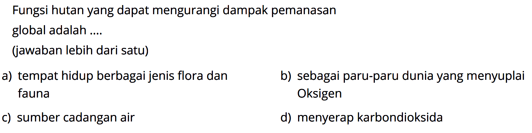 Fungsi hutan yang dapat mengurangi dampak pemanasanglobal adalah ....(jawaban lebih dari satu)