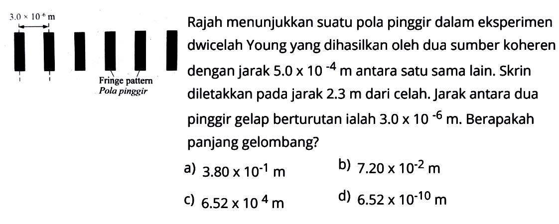 3.0x10^(-6) m Fringe pattern Pola pinggir Rajah menunjukkan suatu pola pinggir dalam eksperimen dwicelah Young yang dihasilkan oleh dua sumber koheren dengan jarak 5.0x10^(-4) m antara satu sama lain. Skrin diletakkan pada jarak 2.3 m dari celah. Jarak antara dua pinggir gelap berurutan ialah 3.0x10^(-6) m. Berapakah panjang gelombang? a) 3.80x10^(-1) m b) 7.20x10^(-2) m c) 6.52x10^4 m d) 6.52x10^(-10) m 