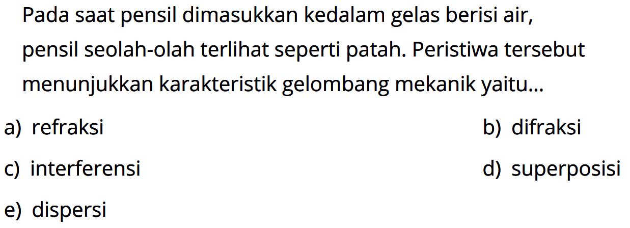 Pada saat pensil dimasukkan kedalam gelas berisi air, pensil seolah-olah terlihat seperti patah. Peristiwa tersebut menunjukkan karakteristik gelombang mekanik yaitu...a) refraksib) difraksic) interferensid) superposisie) dispersi