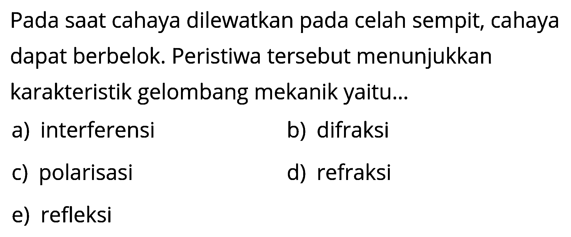 Pada saat cahaya dilewatkan pada celah sempit, cahaya dapat berbelok. Peristiwa tersebut menunjukkan karakteristik gelombang mekanik yaitu...
