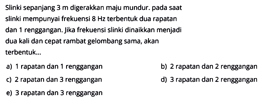 Slinki sepanjang 3 m digerakkan maju mundur. pada saat slinki mempunyai frekuensi 8 Hz terbentuk dua rapatan dan 1 renggangan. Jika frekuensi slinki dinaikkan menjadi dua kali dan cepat rambat gelombang sama, akan terbentuk ....