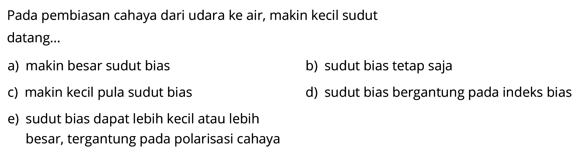 Pada pembiasan cahaya dari udara ke air, makin kecil sudut datang...