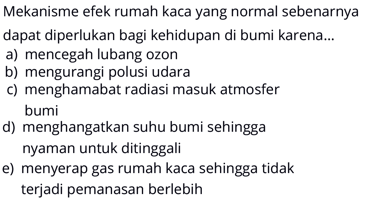 Mekanisme efek rumah kaca yang normal sebenarnya dapat diperlukan bagi kehidupan di bumi karena... 