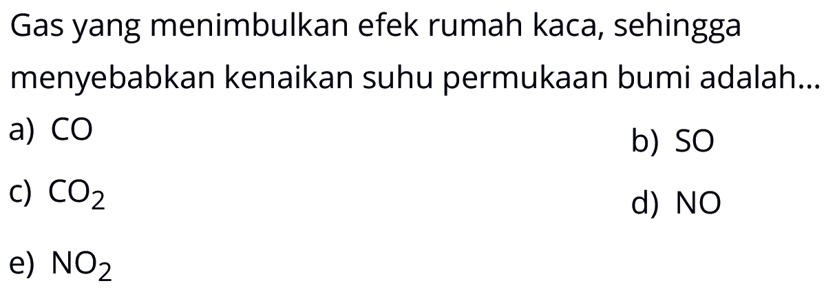 Gas yang menimbulkan efek rumah kaca, sehingga menyebabkan kenaikan suhu permukaan bumi adalah...a) COb) SOc) CO2d) NOe) NO2