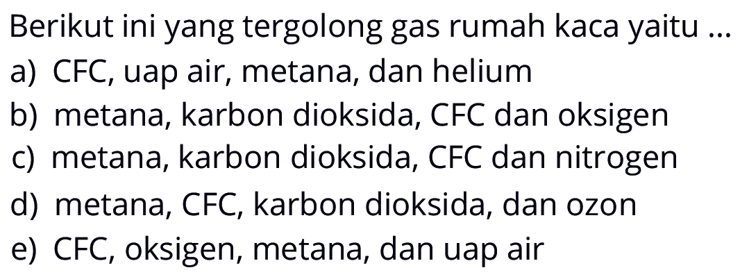 Berikut ini yang tergolong gas rumah kaca yaitu ...a) CFC, uap air, metana, dan heliumb) metana, karbon dioksida, CFC dan oksigenc) metana, karbon dioksida, CFC dan nitrogend) metana, CFC, karbon dioksida, dan ozone) CFC, oksigen, metana, dan uap air