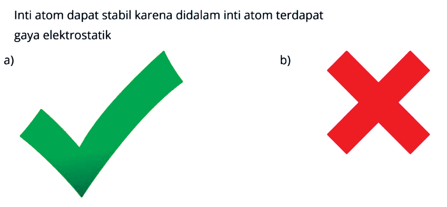 Inti atom dapat stabil karena didalam inti atom terdapat gaya elektrostatik
a) benar b) salah