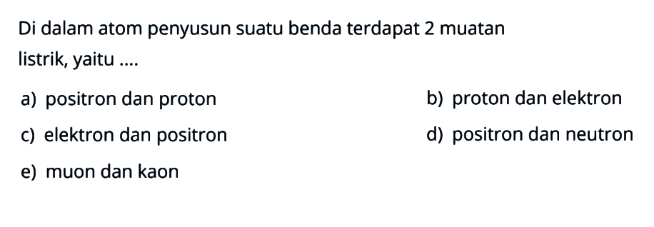 Di dalam atom penyusun suatu benda terdapat 2 muatan listrik, yaitu ....
