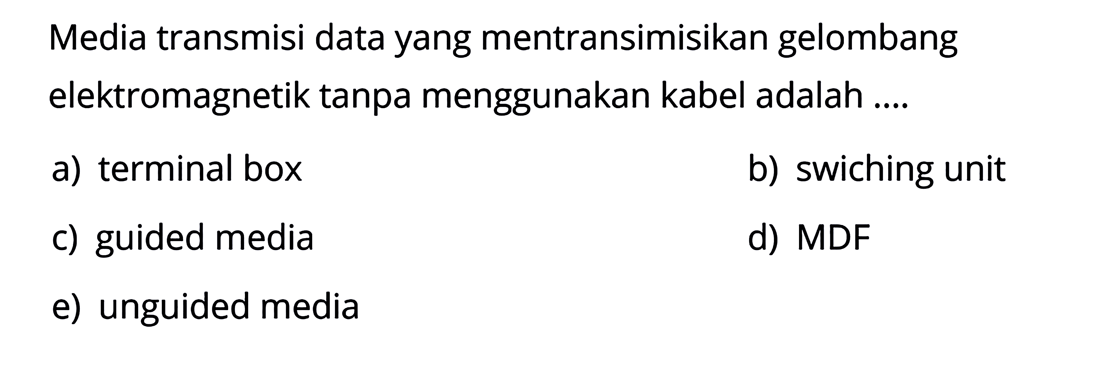 Media transmisi data yang mentransimisikan gelombang elektromagnetik tanpa menggunakan kabel adalah...