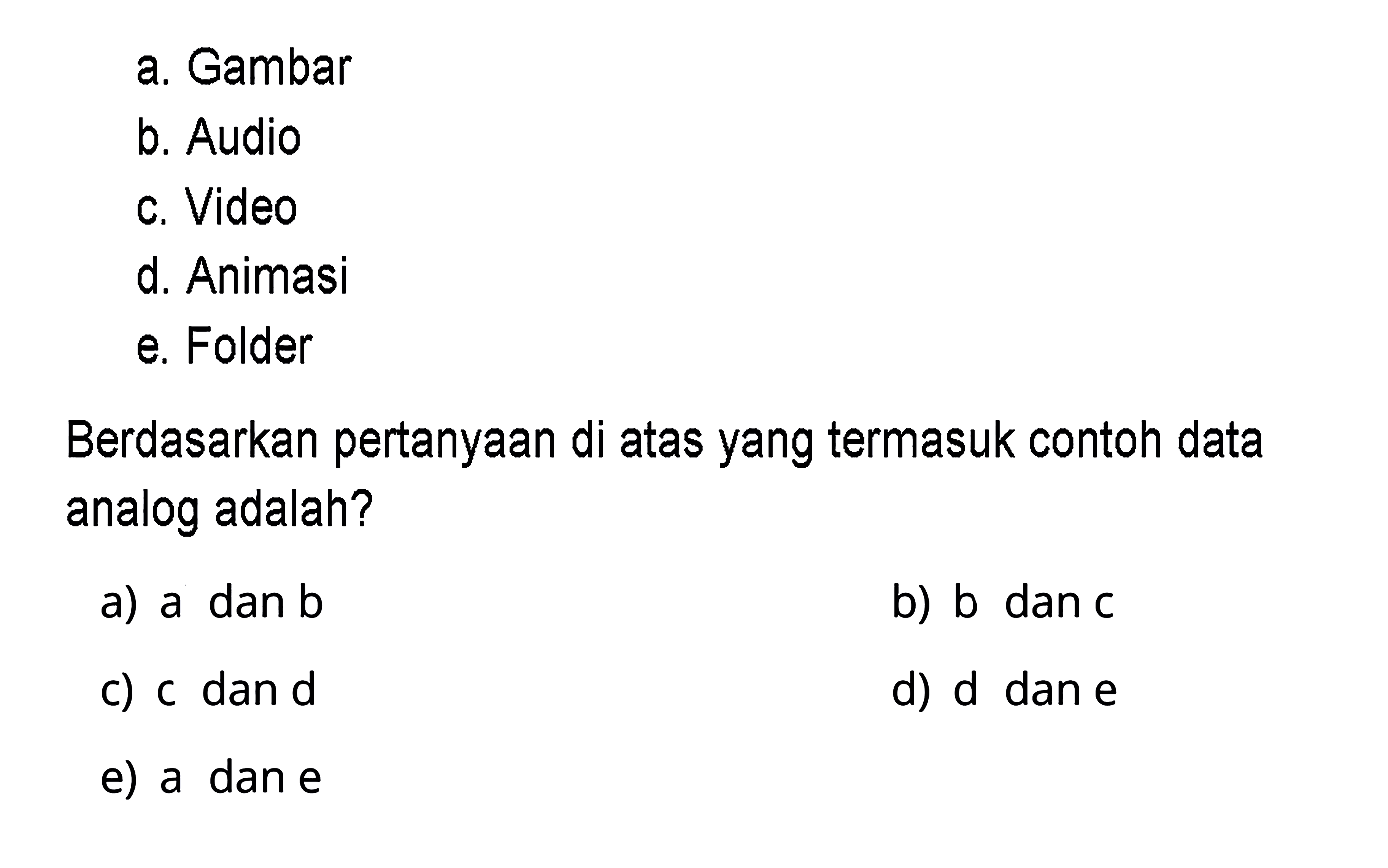 a. Gambar
b. Audio
c. Video
d. Animasi
e. Folder
Berdasarkan pertanyaan di atas yang termasuk contoh data analog adalah?
