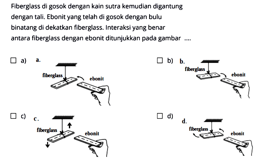 Fiberglass di gosok dengan kain sutra kemudian digantung dengan tali. Ebonit yang telah di gosok dengan bulu binatang di dekatkan fiberglass. Interaksi yang benar antara fiberglass dengan ebonit ditunjukkan pada gambar ....