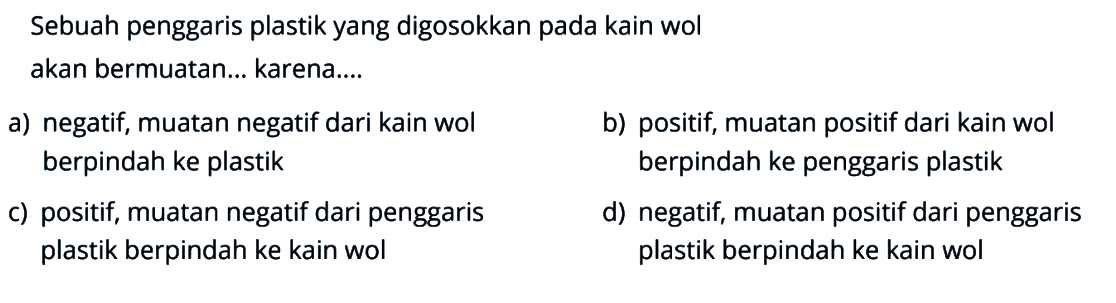 Sebuah penggaris plastik yang digosokkan pada kain wol akan bermuatan... karena....