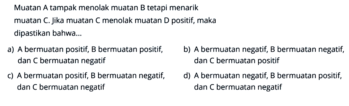 Muatan A tampak menolak muatan B tetapi menarik muatan C. Jika muatan C menolak muatan D positif, maka dipastikan bahwa... 
a) A bermuatan positif, B bermuatan positif, dan C bermuatan negatif 
b) A bermuatan negatif, B bermuatan negatif, dan C bermuatan positif 
c) A bermuatan positif, B bermuatan negatif, dan C bermuatan negatif 
d) A bermuatan negatif, B bermuatan positif, dan C bermuatan negatif 