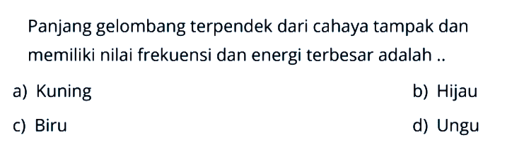 Panjang gelombang terpendek dari cahaya tampak dan memiliki nilai frekuensi dan energi terbesar adalah ..