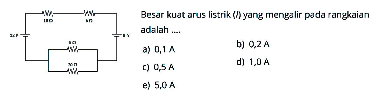 10 ohm 6 ohm 12 V 5 V 5 ohm 20 ohm Besar kuat arus listrik (I) yang mengalir pada rangkaian adalah ....