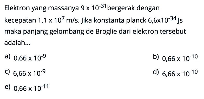 Elektron yang massanya 9 x 10^(-31) bergerak dengan kecepatan 1,1 x 10^7 m/s. Jika konstanta planck 6,6 x 10^(-34) Js maka panjang gelombang de Broglie dari elektron tersebut adalah... 